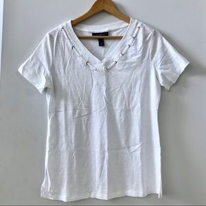 Karen Scott White V Neck Tee Grommet Neckline